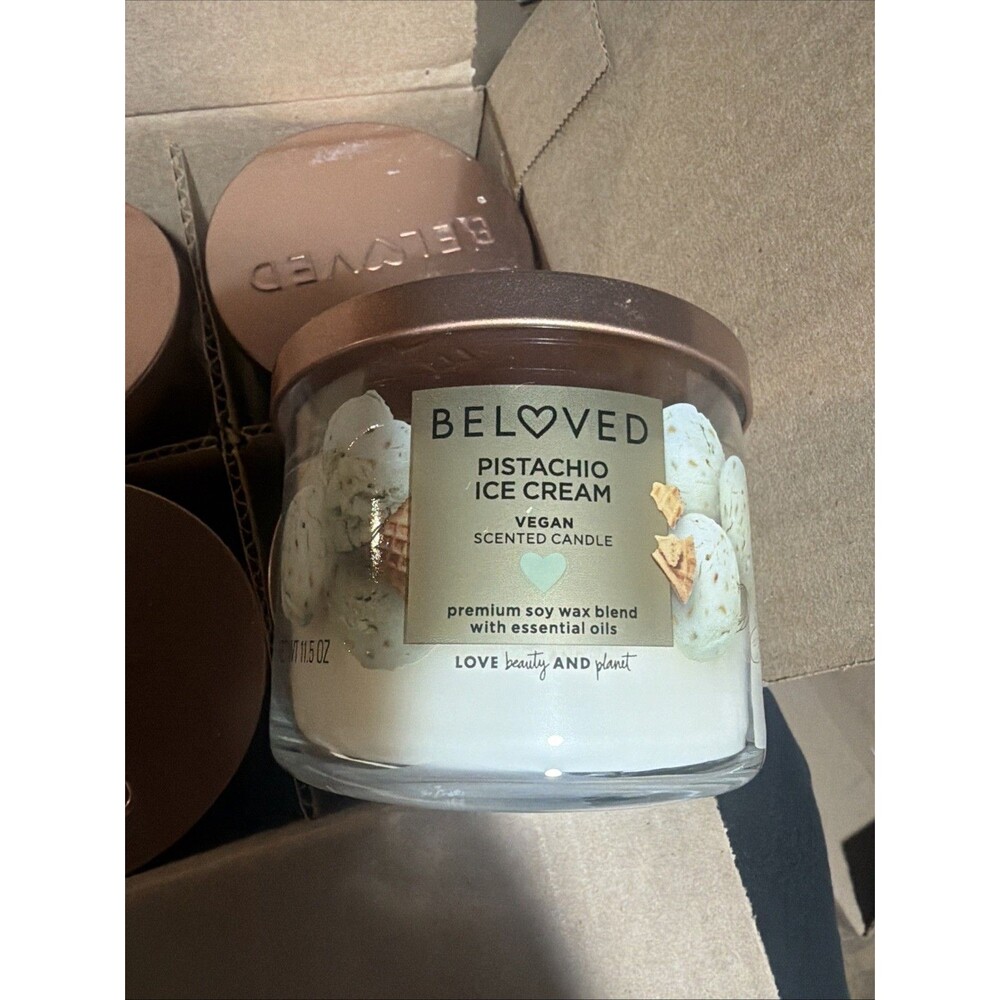 Beloved Pistachio Ice Cream Vegan Scented Candle, Glass Jar Soy Wax 15 oz